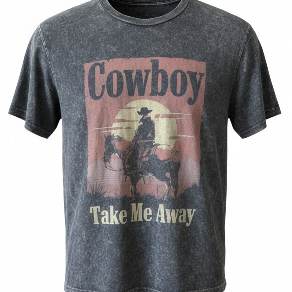 Cowboy Take Me Away Mineral Wash Graphic TShirt Vintage Black Women's Medium